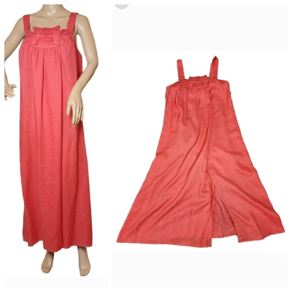 Max Studio 100% Linen Sleeveless Maxi Dress Coral Pink Women's Size Xl Shelf Bra